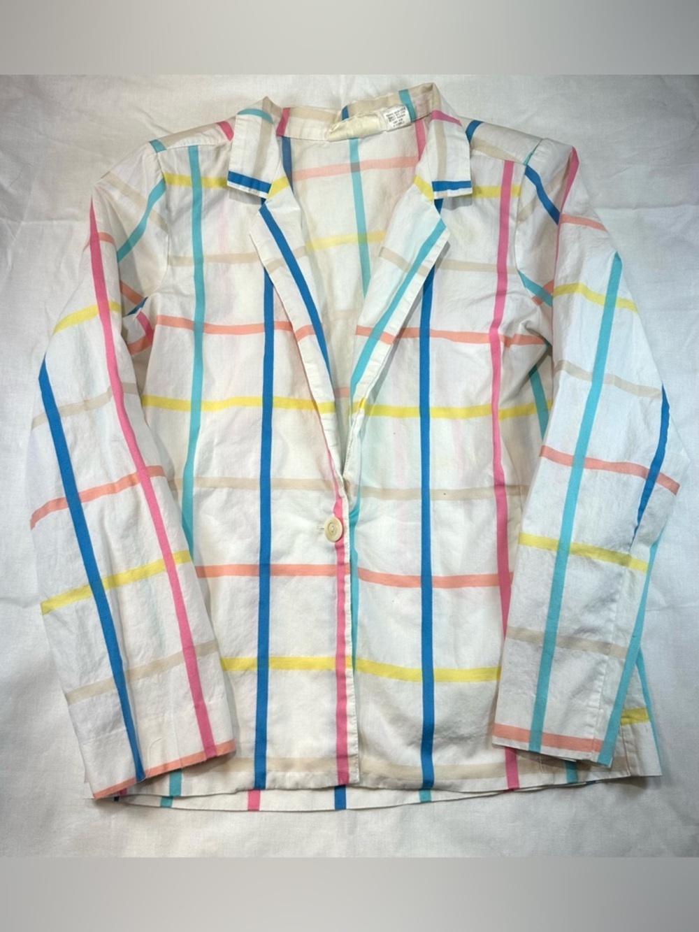 Vino de Casa White Blazer with pastel Windowpane Stripes Vintage 90s Cotton